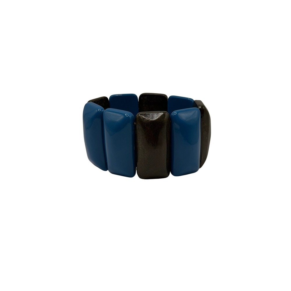 Blue and Dark Wood Tone Chunky Stretch Bracelet Geometric‎ Rectangular Link